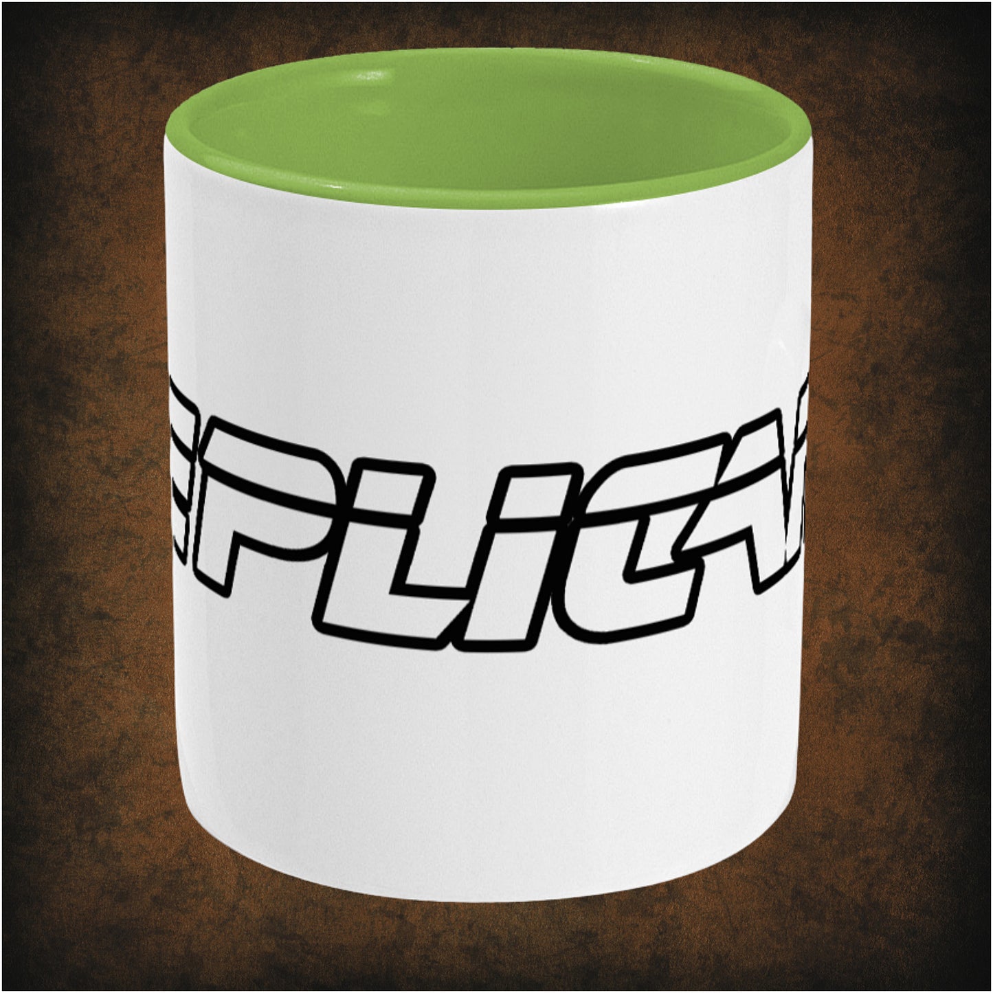 Replicant Blade Runner inspired two-toned center ceramic mug featuring futuristic sci-fi design, minimalist typography, and cyberpunk aesthetic.