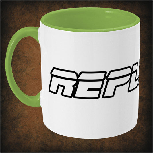 Replicant Blade Runner inspired two-toned left hand ceramic mug featuring futuristic sci-fi design, minimalist typography, and cyberpunk aesthetic.