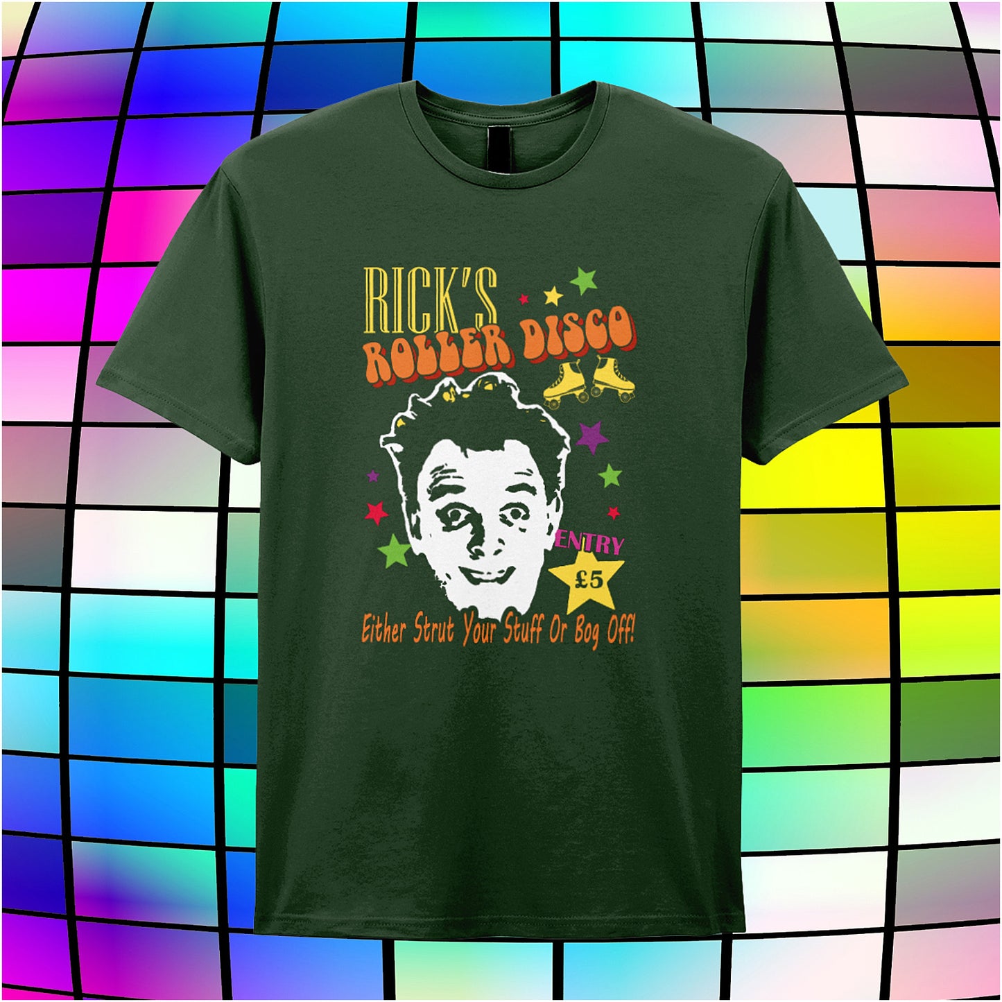 forest unisex t-shirt featuring “Rick’s Roller Disco” text inspired by The Young Ones TV show, with a retro, vibrant design.
