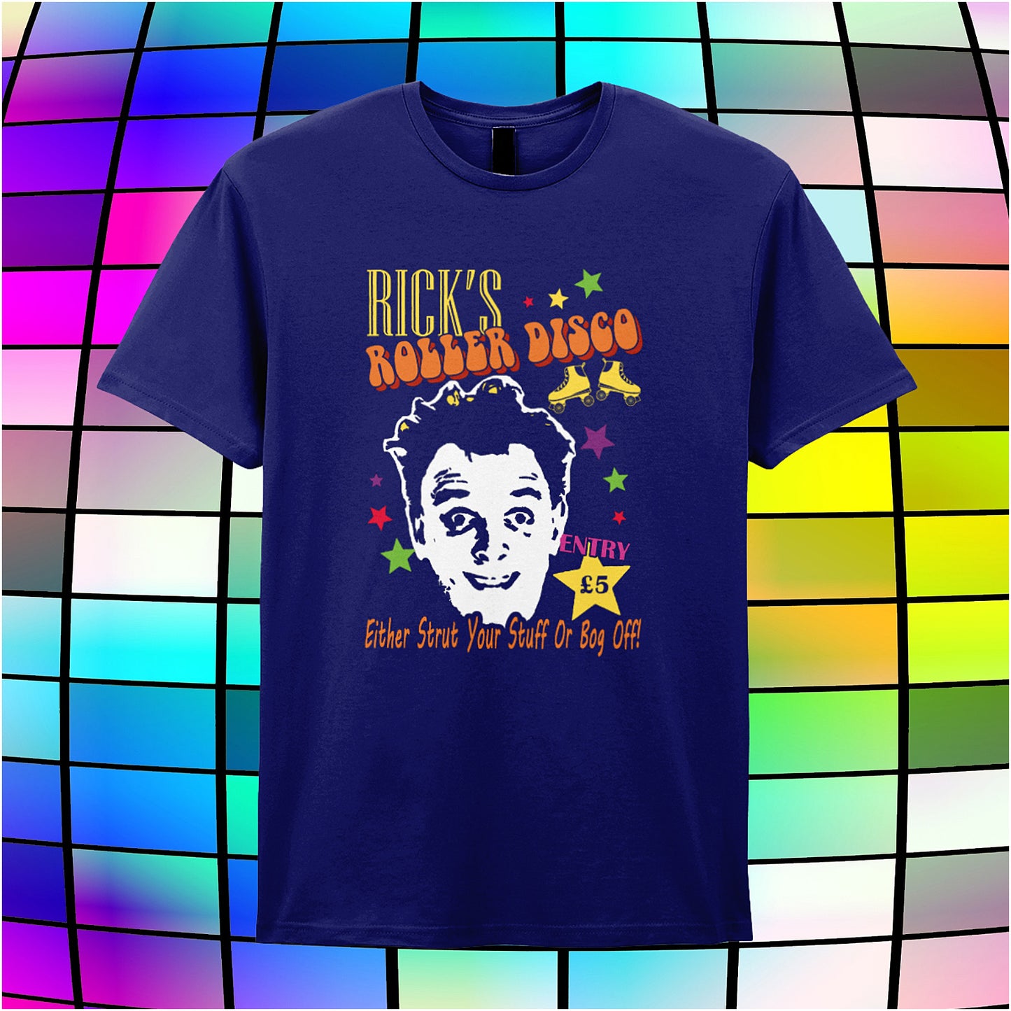 navy unisex t-shirt featuring “Rick’s Roller Disco” text inspired by The Young Ones TV show, with a retro, vibrant design.