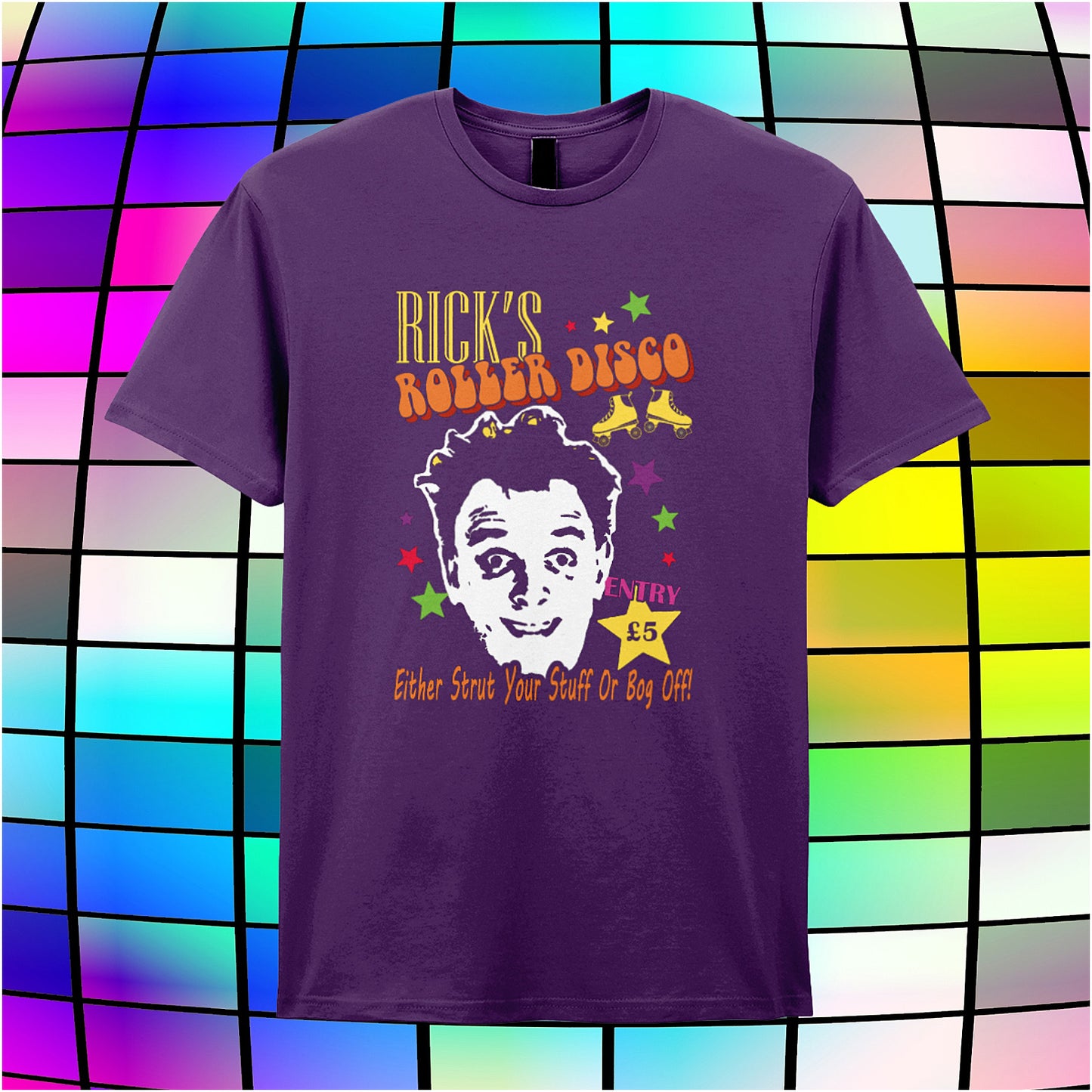 purple unisex t-shirt featuring “Rick’s Roller Disco” text inspired by The Young Ones TV show, with a retro, vibrant design.
