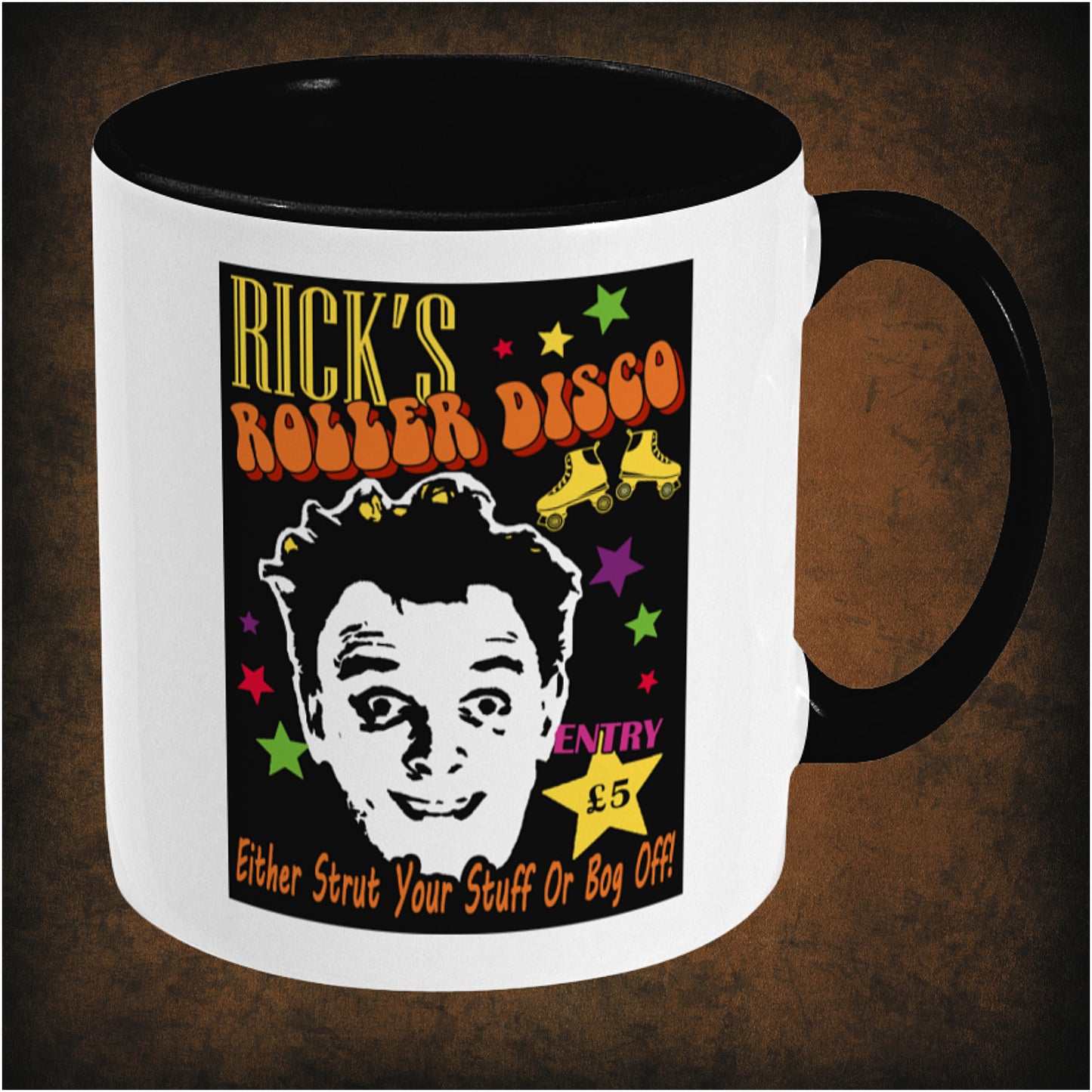 Rick’s Roller Disco two-toned mug inspired by The Young Ones, right hand side featuring nostalgic retro design, bold typography, and collectible British comedy fan merchandise.