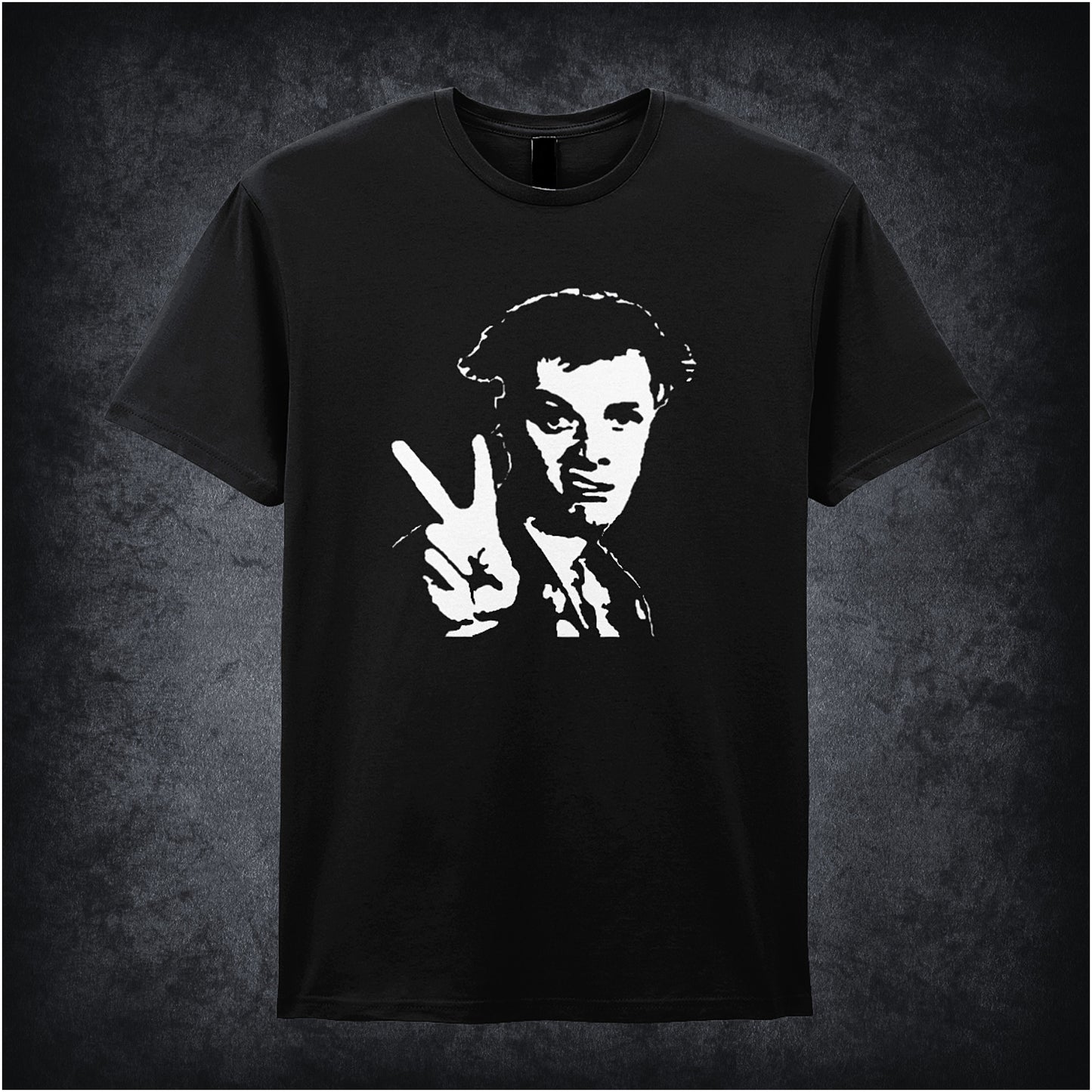 Black soft style unisex T-shirt featuring Rick Peace design inspired by The Young Ones, showcasing the character’s bold and rebellious style.