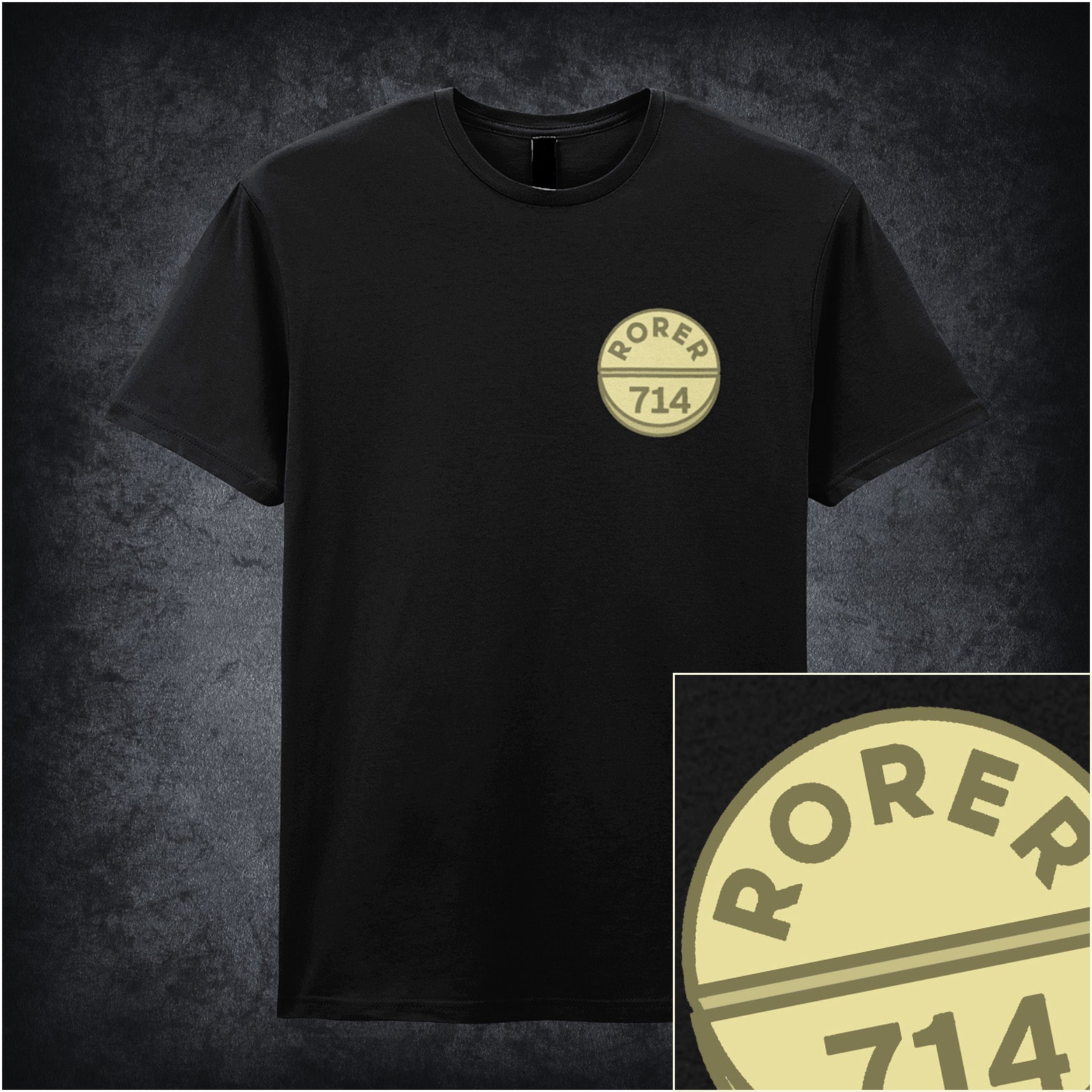 Black unisex t-shirt featuring the text “Rorer 714” inspired by Cheech and Chong, displayed in bold, vintage-style lettering.