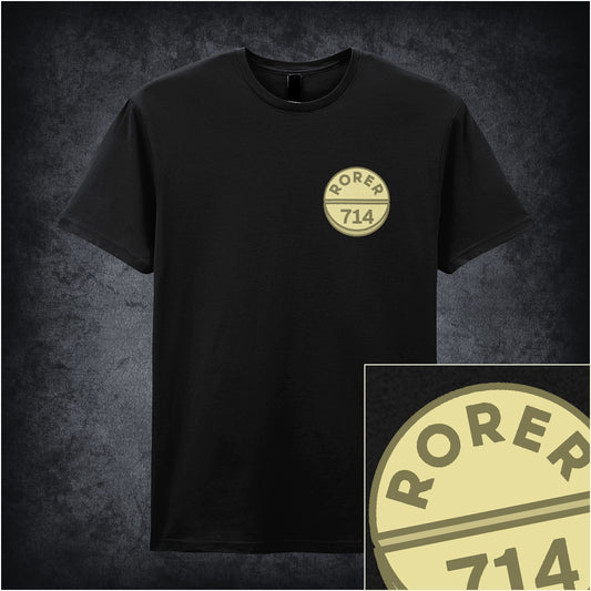 Black unisex t-shirt featuring the text “Rorer 714” inspired by Cheech and Chong, displayed in bold, vintage-style lettering.