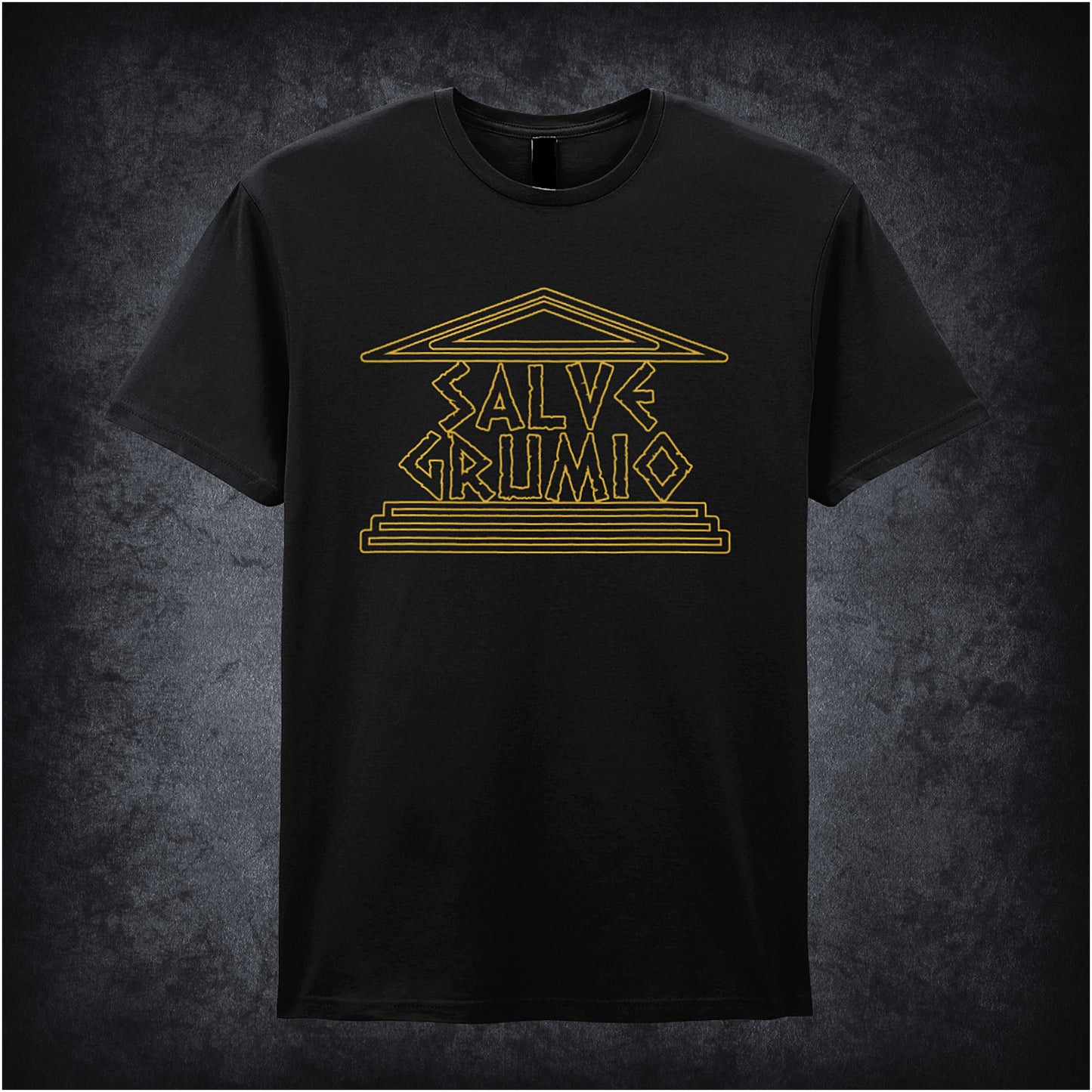 black soft style unisex T-shirt featuring the phrase "Salve Grumio" inspired by Plebs, styled in bold, Roman-themed lettering.