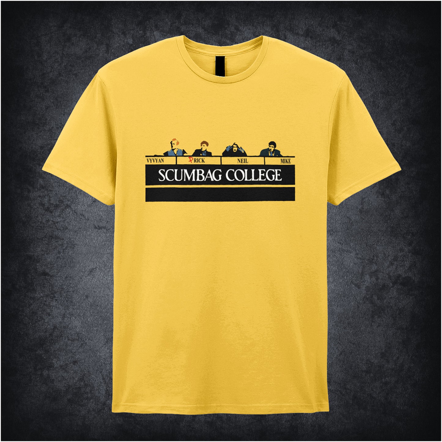 daisy unisex T-shirt featuring the phrase “Scumbag College” inspired by The Young Ones, displayed in bold collegiate-style white lettering.