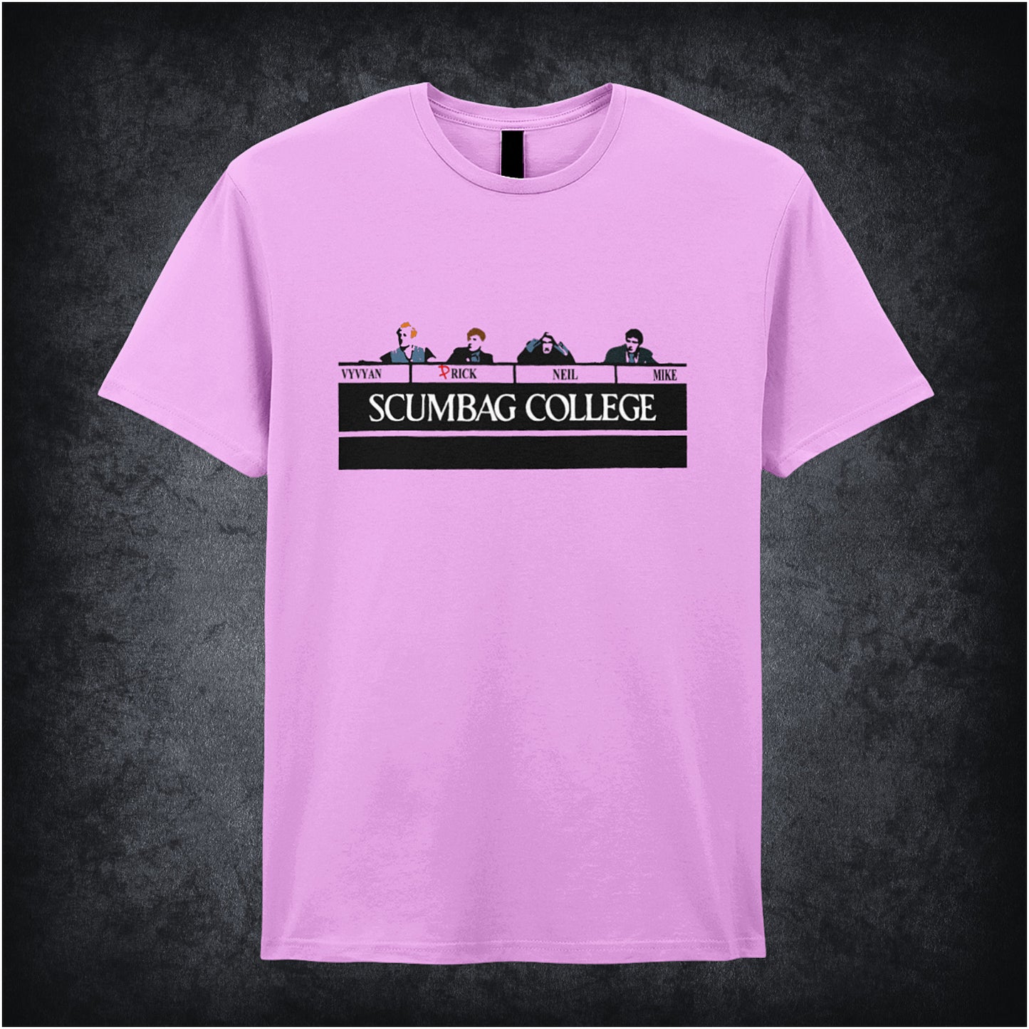 light pink unisex T-shirt featuring the phrase “Scumbag College” inspired by The Young Ones, displayed in bold collegiate-style white lettering.