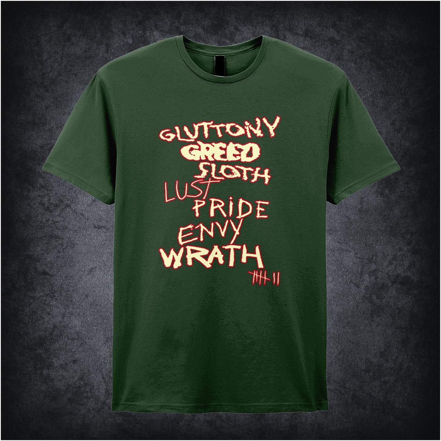 forest unisex t-shirt featuring the title “The Seven Deadly Sins” inspired by the movie Se7en, with dark, gritty typography.