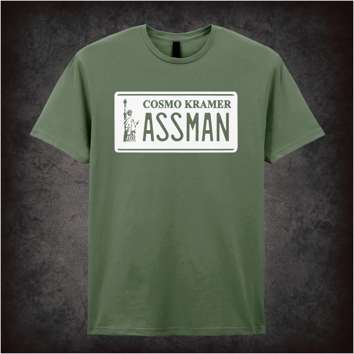 “Cosmo Kramer ‘Assman’ license plate T-shirt in military green from Seinfeld”