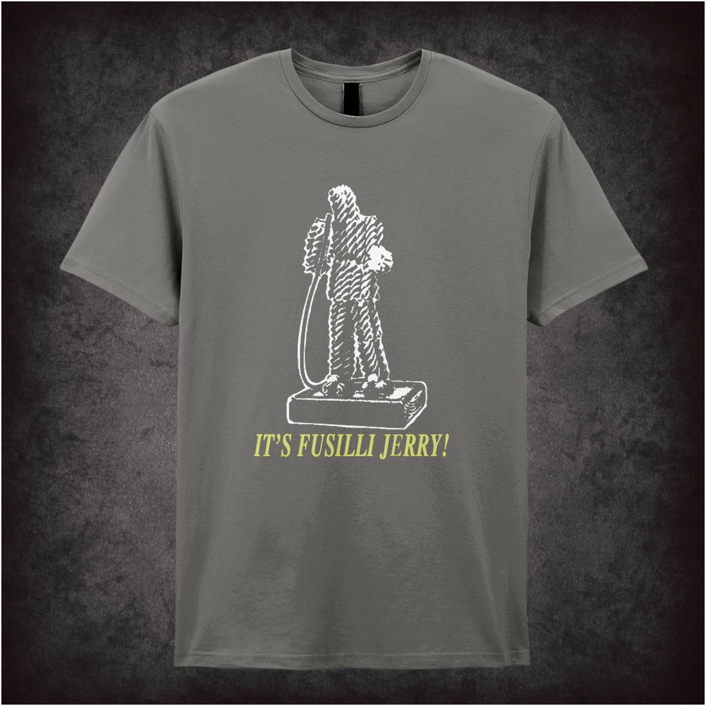 “Kramer ‘It’s Fusilli Jerry!’ T-shirt in charcoal from Seinfeld”