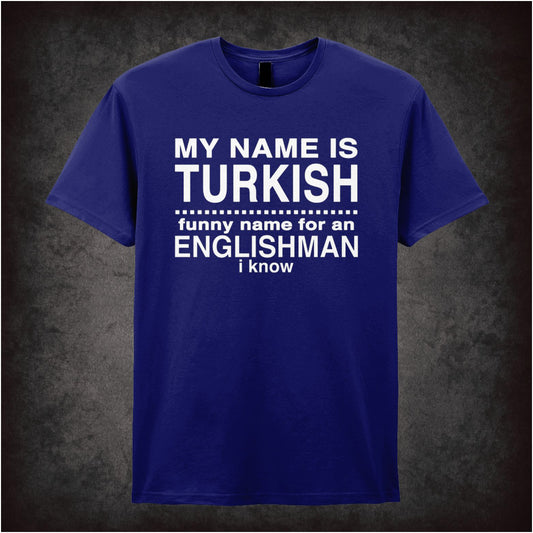 ‘My name is Turkish… funny name for an Englishman’ quote T-shirt in navy from Snatch