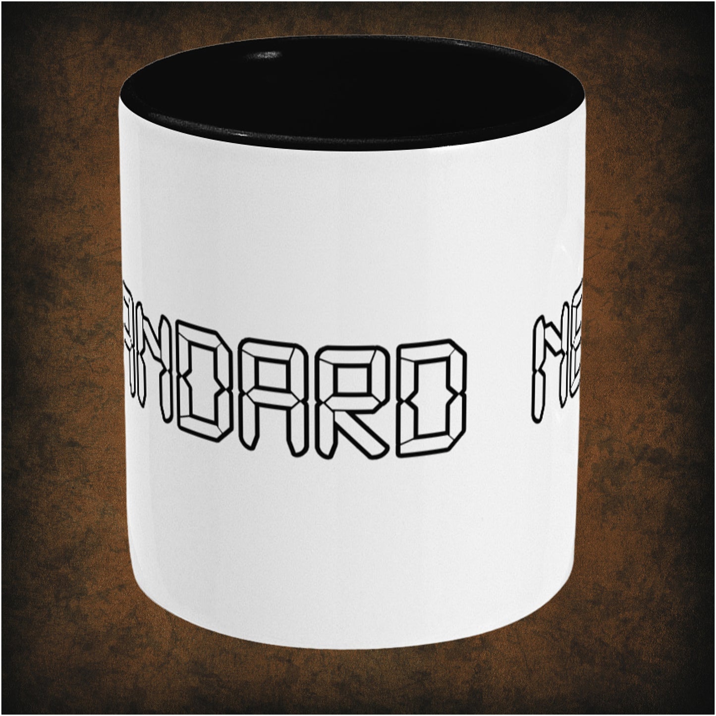 Two-tone ceramic mug featuring 'Standard Nerd' design inspired by The IT Crowd, wrap-around print, center dishwasher and microwave safe, perfect geek comedy gift.