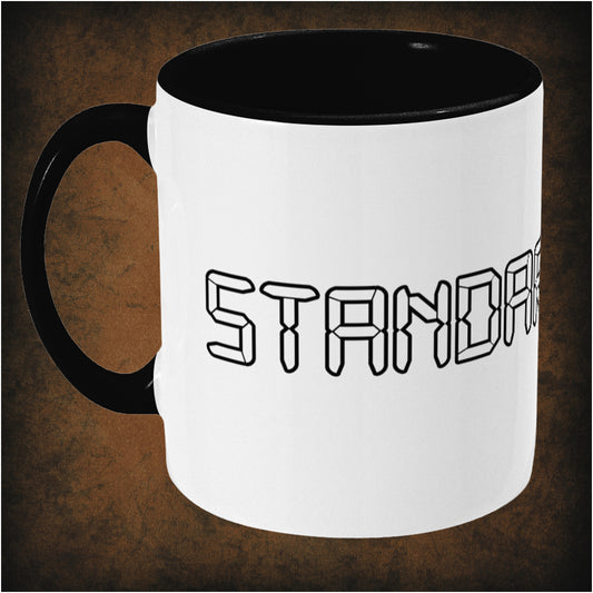Two-tone ceramic mug featuring 'Standard Nerd' design inspired by The IT Crowd, wrap-around print, left hand side dishwasher and microwave safe, perfect geek comedy gift.