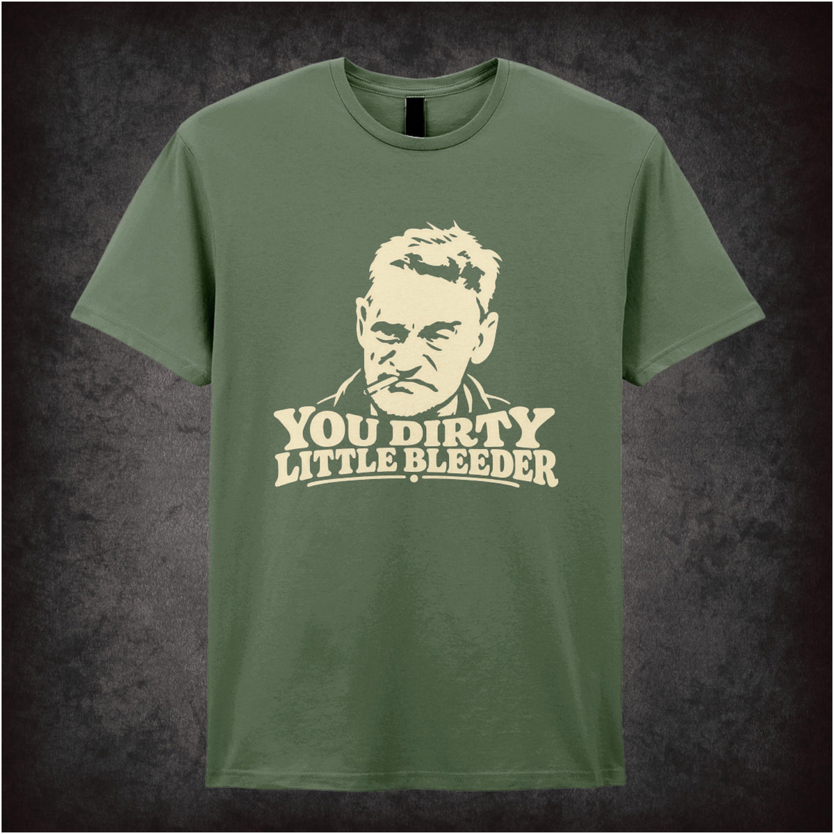 “Albert Steptoe ‘You dirty little bleeder’ T-shirt in military green from Steptoe and Son”