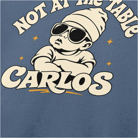 Close-up of 'Not At The Table Carlo’ T-shirt in indigo from The Hangover