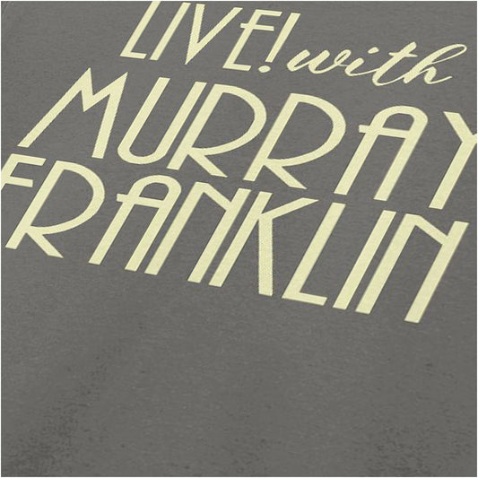 Close-up of ‘Live with Murray Franklin’ text T-shirt in charcoal from Joker