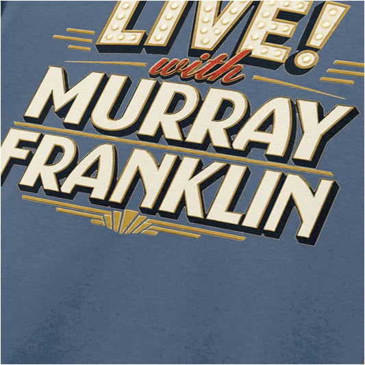 Close-up of ‘Live with Murray Franklin’ text T-shirt in indigo from Joker