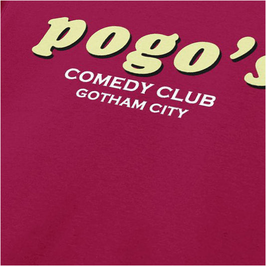 Close-up of pogo’s Comedy Club Gotham City logo T-shirt in cardinal red from Joker