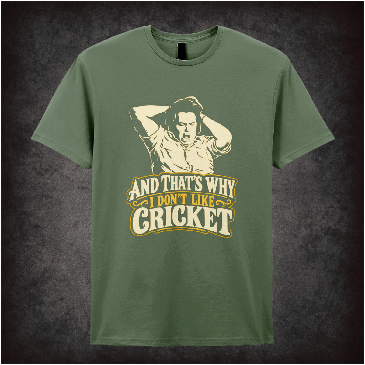 “Bob Fossil ‘And that’s why I don’t like cricket’ T-shirt in military green from The Mighty Boosh”