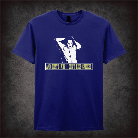 “Bob Fossil ‘And that’s why I don’t like cricket’ T-shirt in navy from The Mighty Boosh”