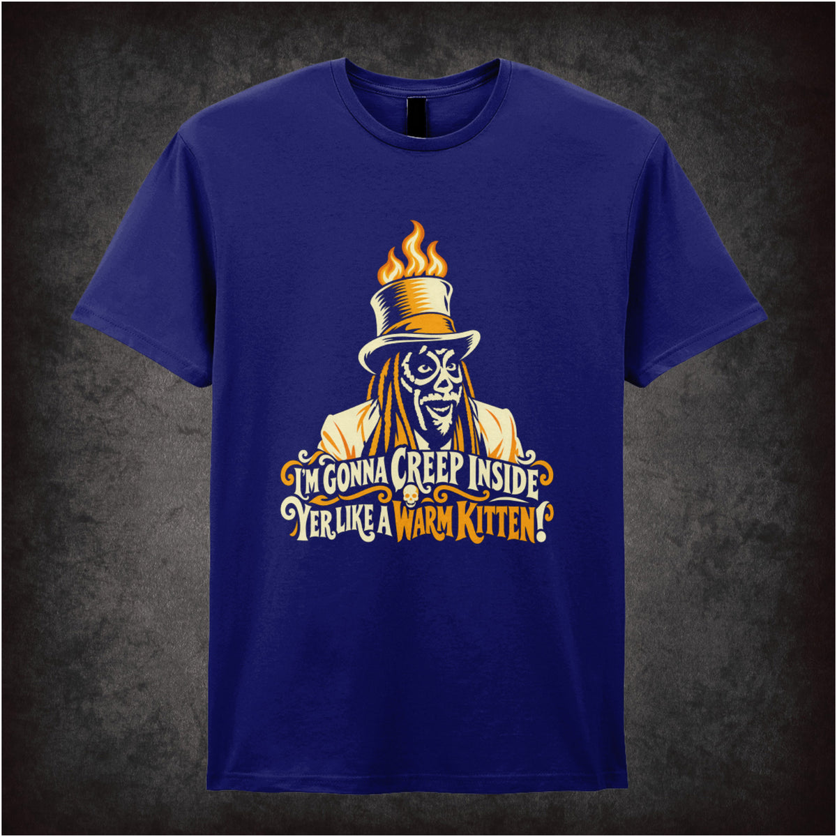 “Old Gregg ‘I’m gonna creep inside yer like a warm kitten’ T-shirt in navy from The Mighty Boosh”