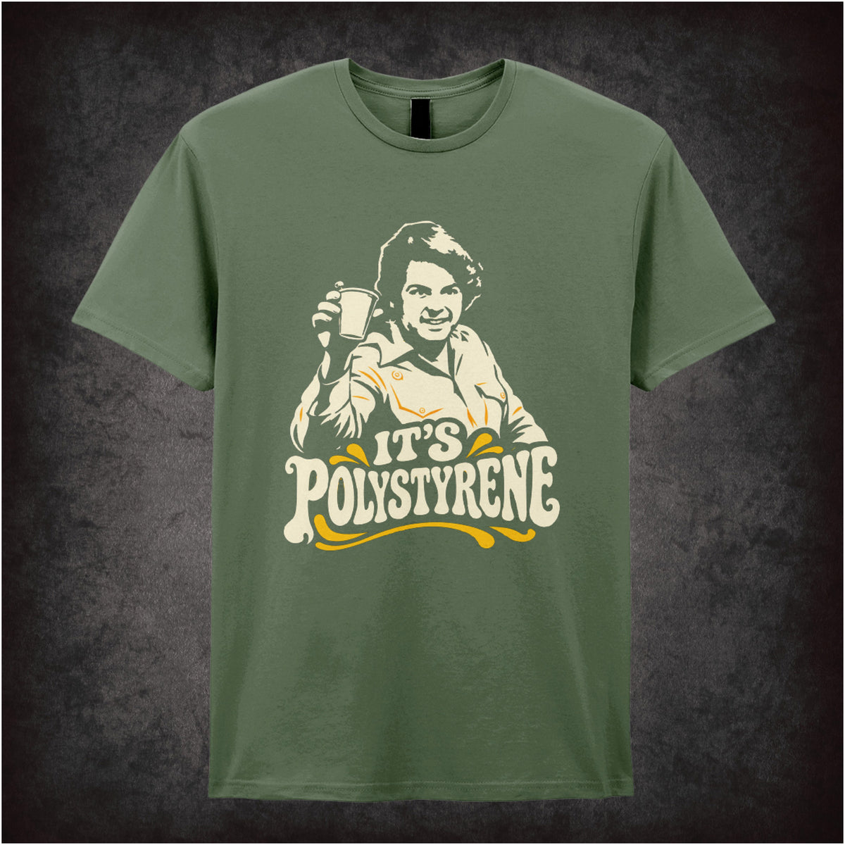 “Bob Fossil ‘It’s polystyrene’ T-shirt in military green from The Mighty Boosh”