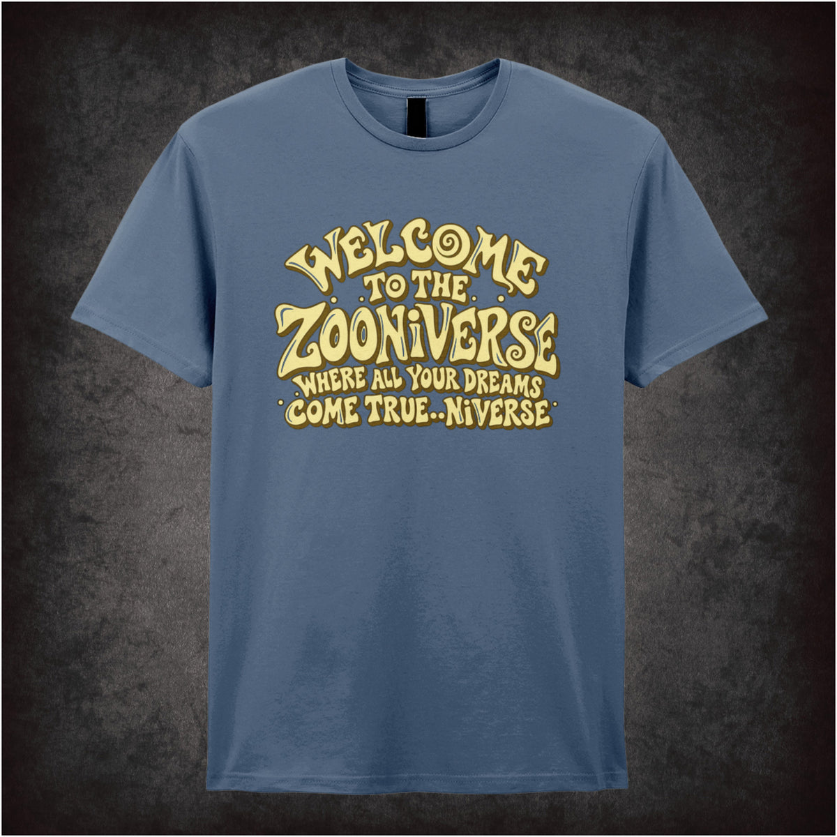 “‘Welcome to the Zooniverse’ T-shirt in indigo from The Mighty Boosh”