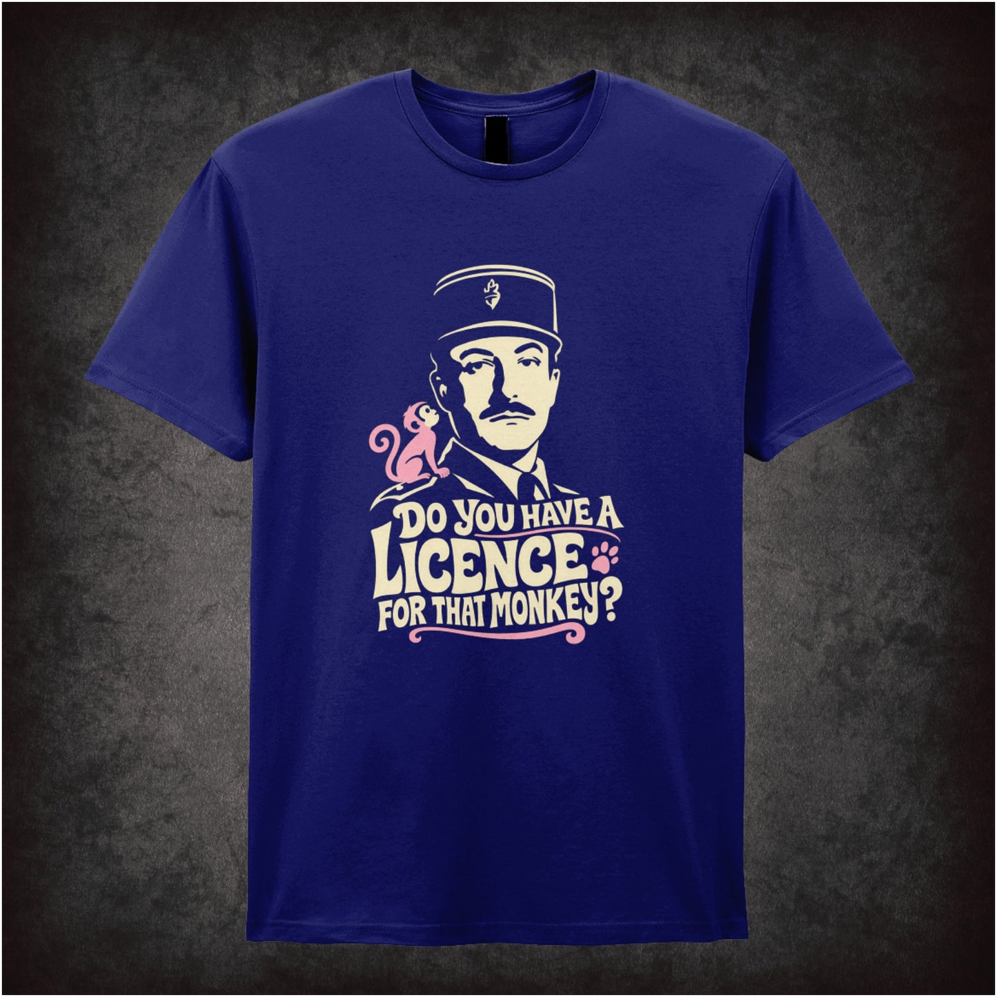 Inspector Clouseau ‘Do you have a licence for that monkey?’ T-shirt in navy from The Pink Panther Strikes Again