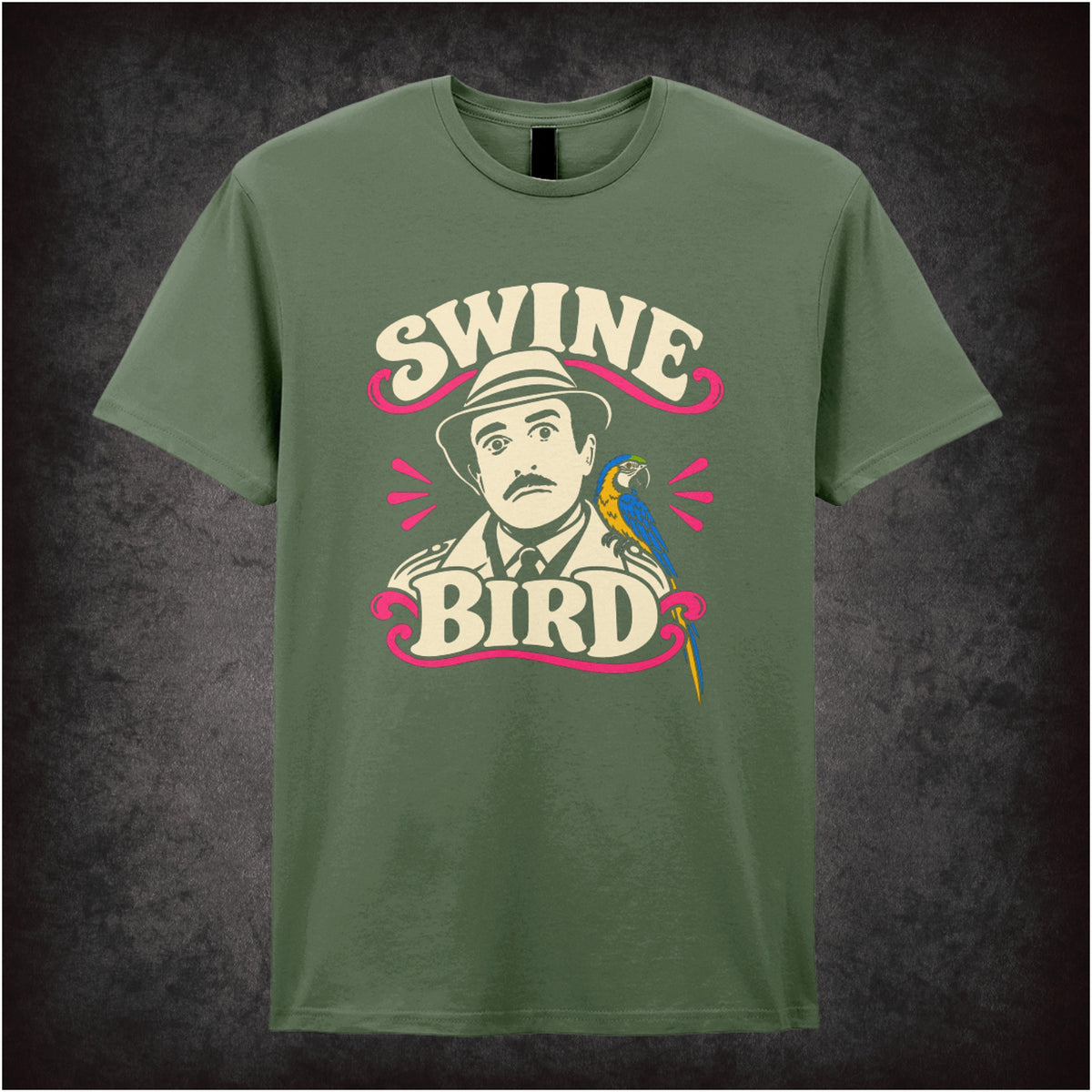 Swine Bird graphic T-shirt in military green inspired by The Pink Panther