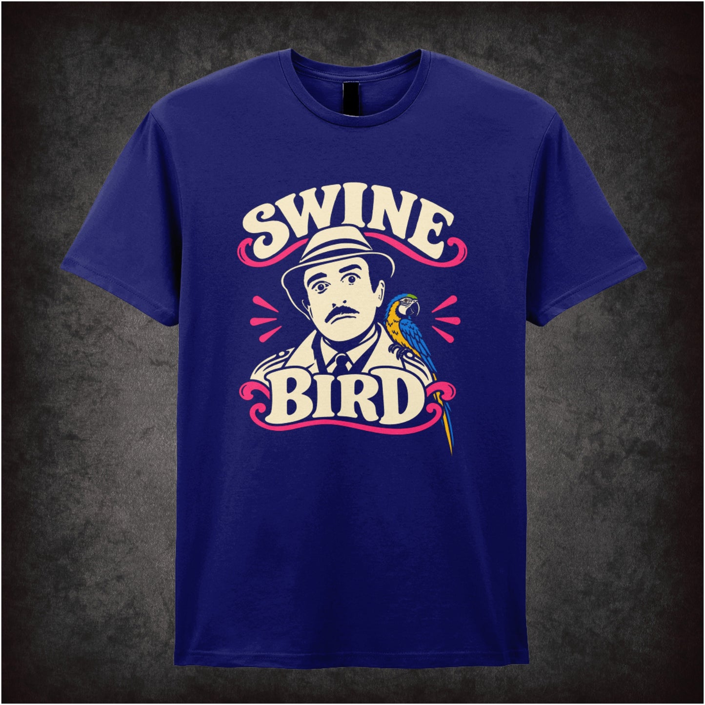 Swine Bird graphic T-shirt in navy inspired by The Pink Panther