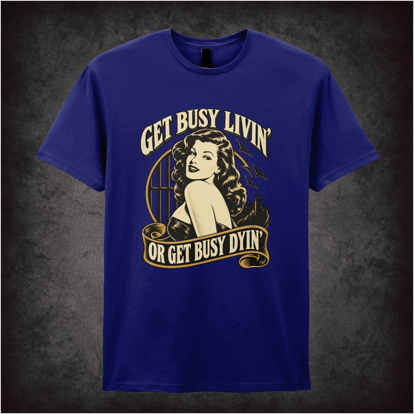 ‘Get busy livin’ or get busy dyin’’ T-shirt in navy from The Shawshank Redemption