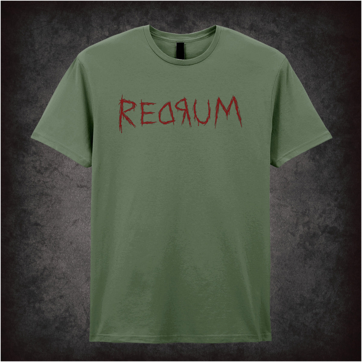 ‘Redrum’ mirror text T-shirt in military green from The Shining