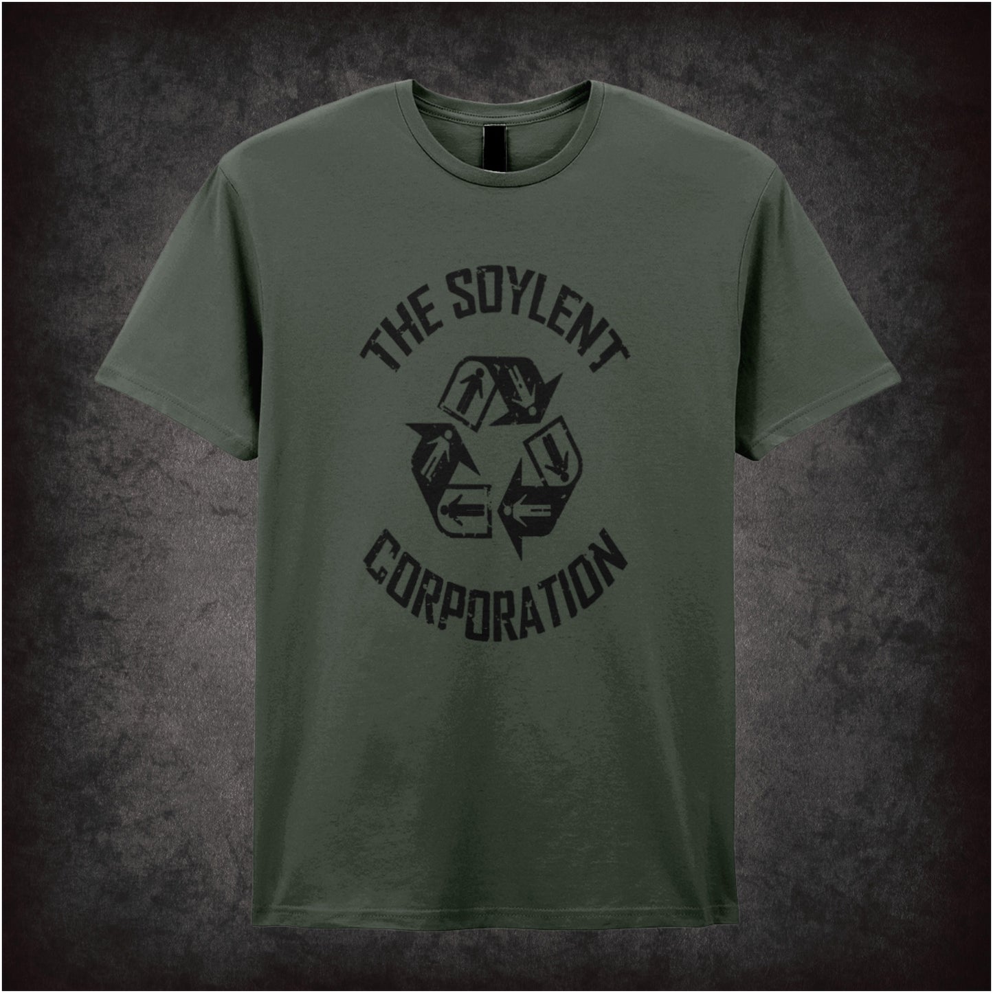 military green unisex T-shirt featuring “The Soylent Corporation” design inspired by Soylent Green, with bold, retro-futuristic typography.