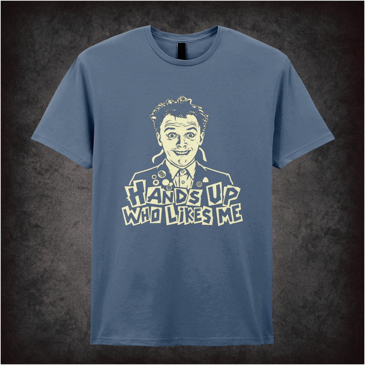Rick “Hands Up Who Likes Me” T-shirt in indigo from The Young Ones