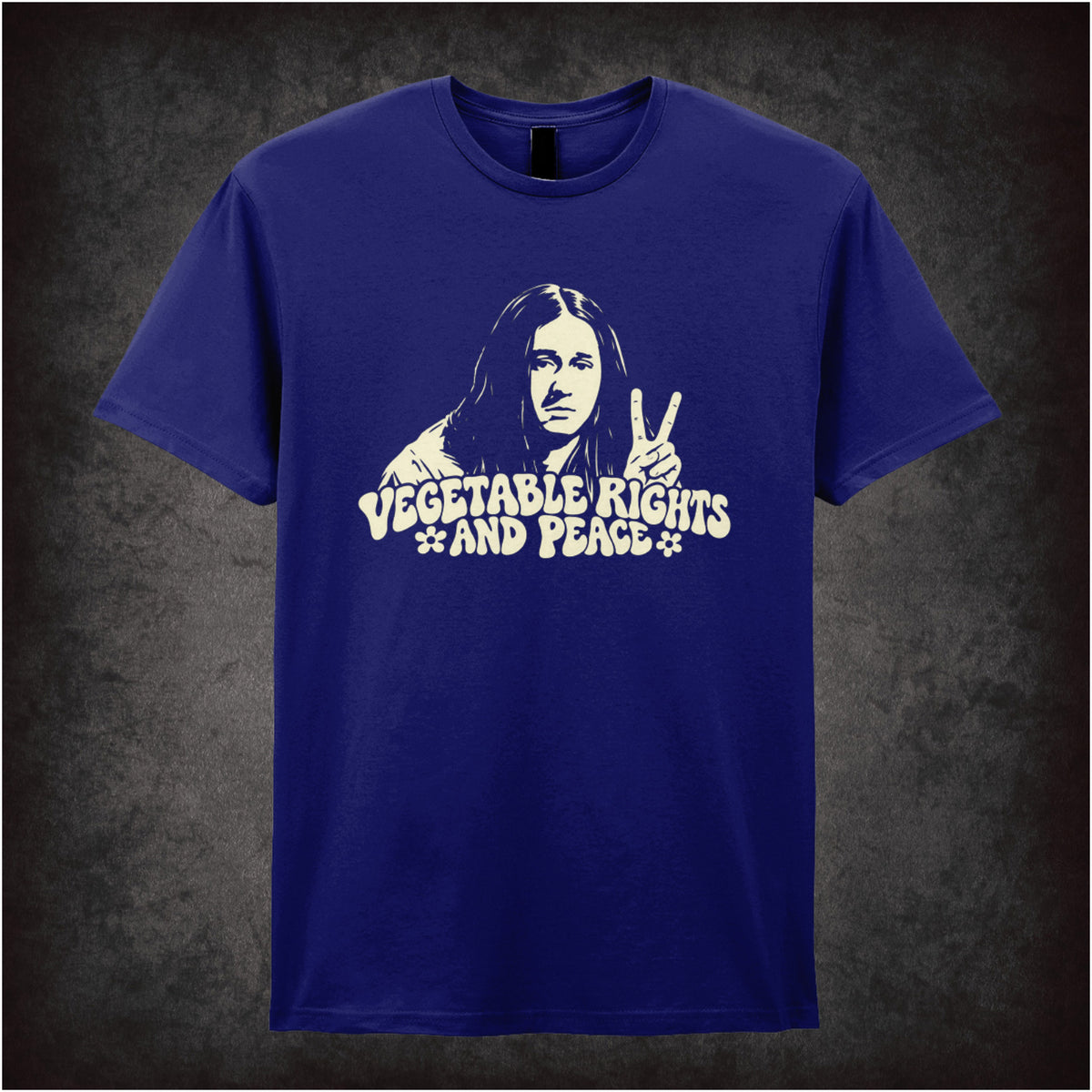 “Vegetable Rights and Peace” T-shirt in navy from The Young Ones