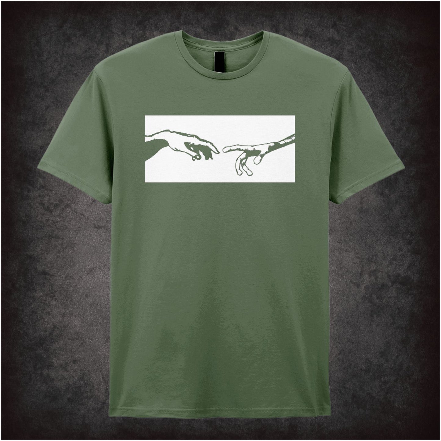 Creation of Adam alien hand parody UFO T-shirt in military green