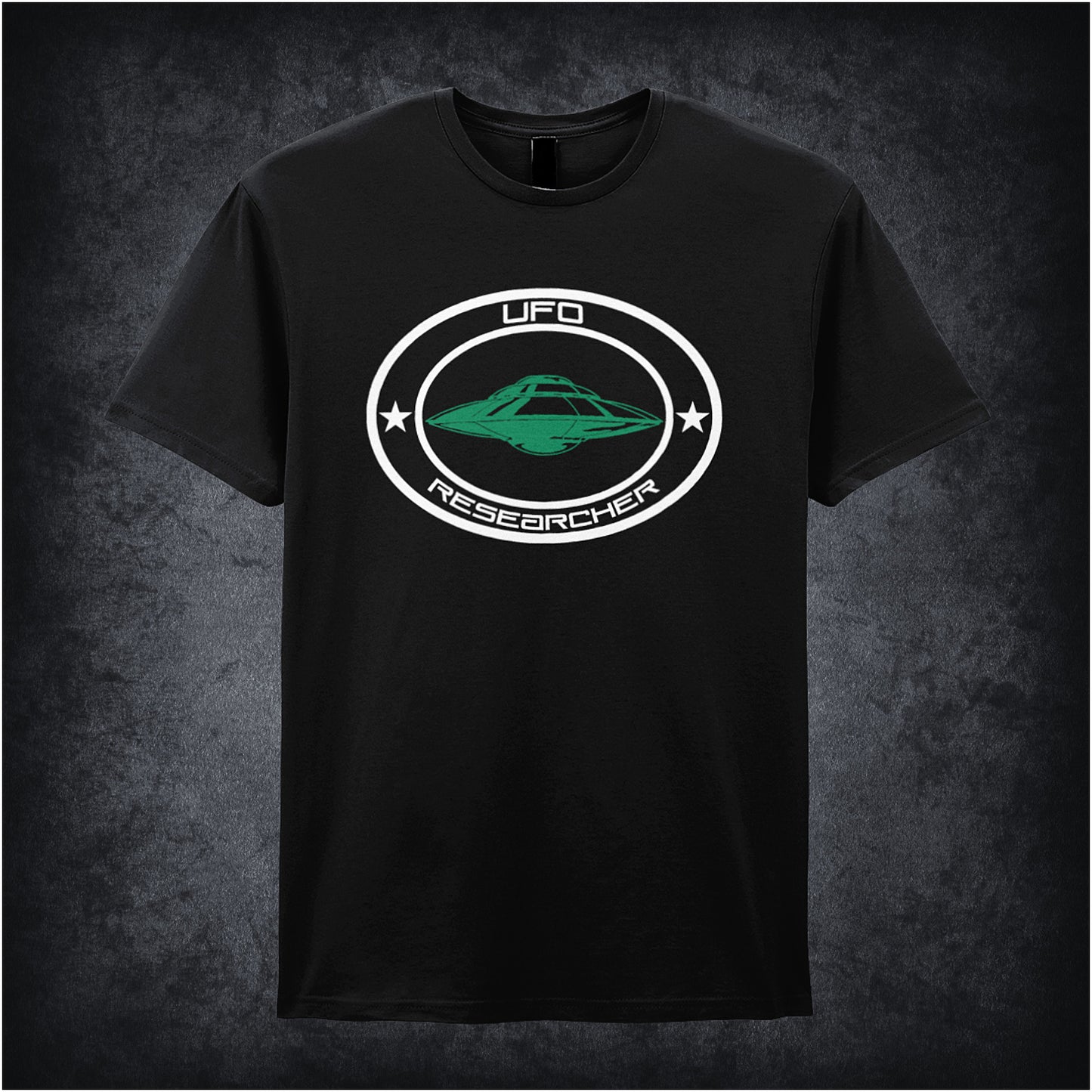 Black soft style unisex T-shirt featuring the bold text "UFO Researcher" inspired by Area 51, designed with a sleek, extraterrestrial theme.