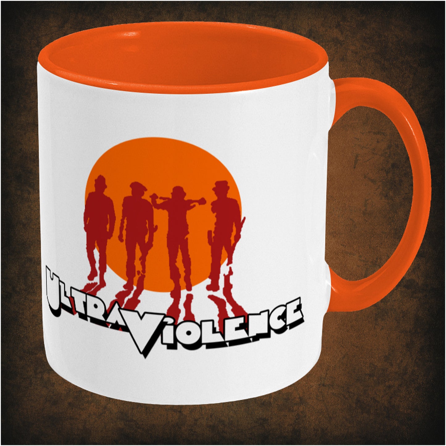 Ultra Violence two-toned mug inspired by A Clockwork Orange, right hand side featuring iconic dystopian movie design, striking typography, and collectible pop culture merchandise for Kubrick fans.