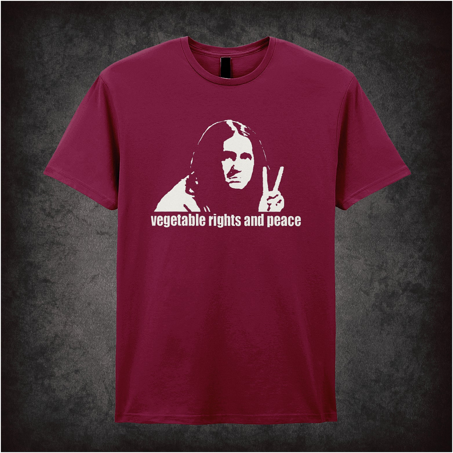 Vegetable Rights and Peace soft-style cardinal red unisex t-shirt, The Young Ones inspired design, classic 80s British comedy fan apparel.