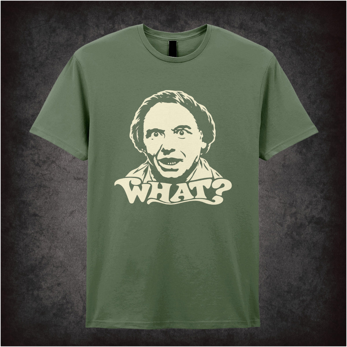 Bob Mortimer “What?” T-shirt in military green from Vic Reeves and Bob Mortimer