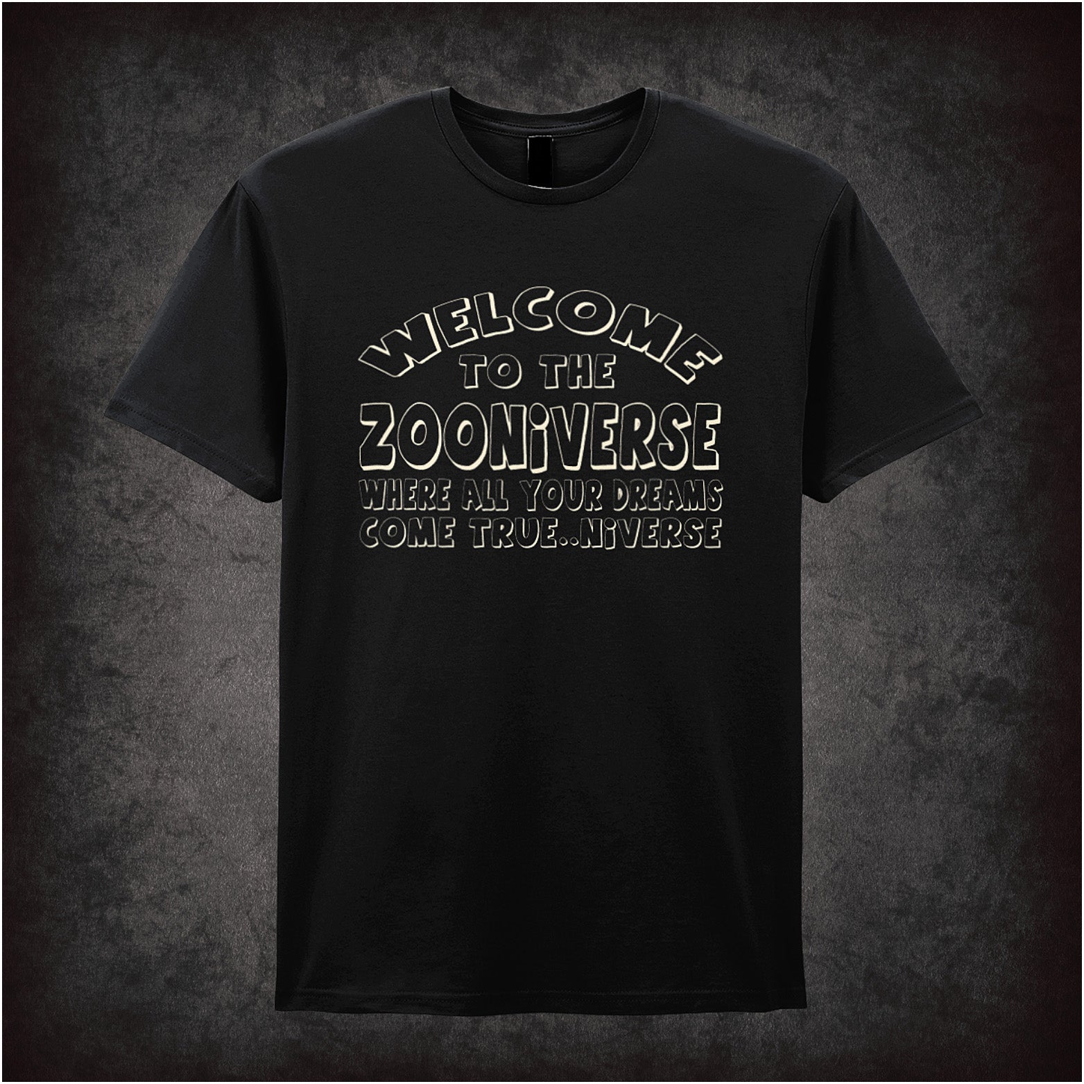 Welcome to the Zooniverse soft-style black unisex t-shirt, The Mighty Boosh inspired design, cult British comedy fan apparel.