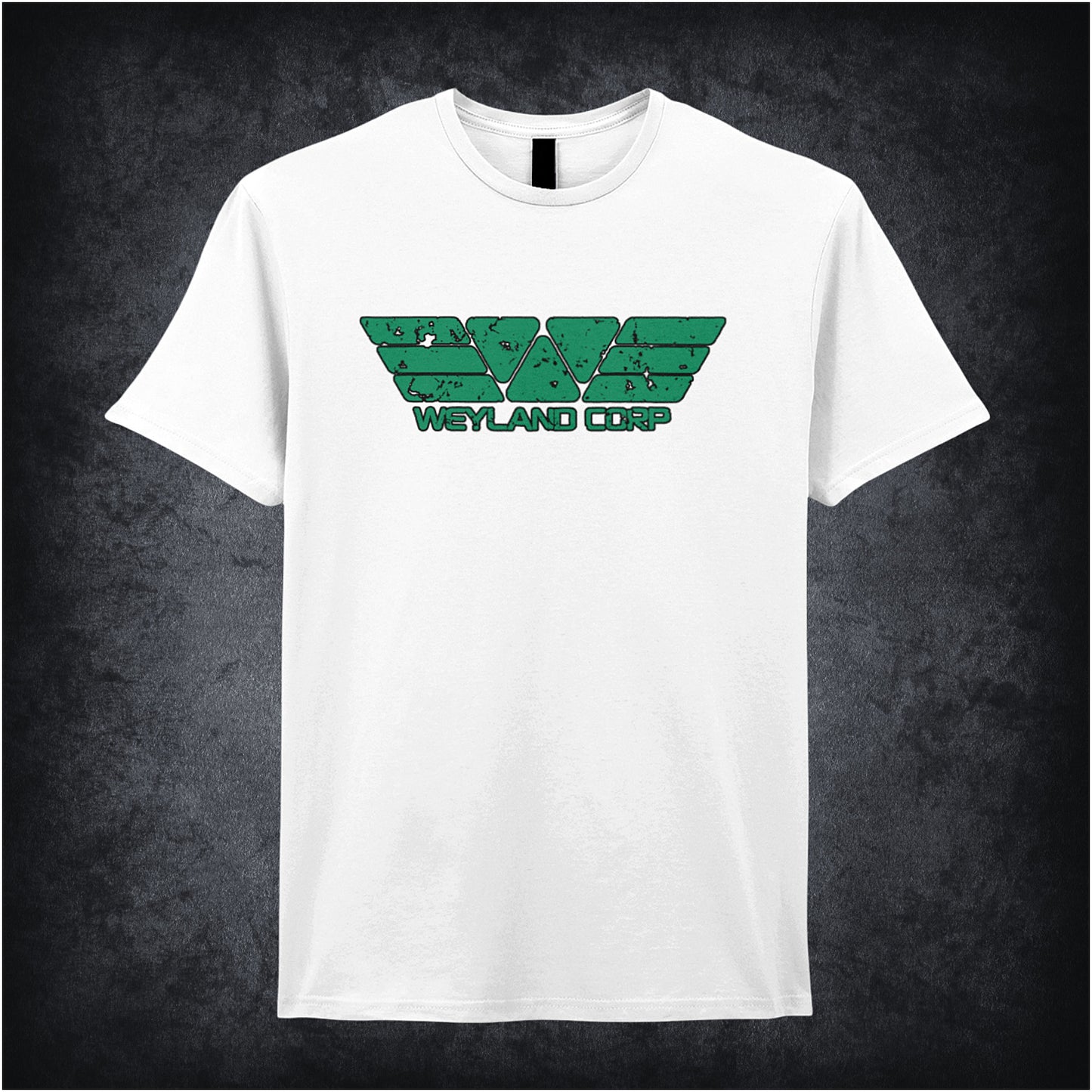 white soft style unisex T-shirt featuring the Weyland Corporation logo from Alien, designed with sleek, futuristic corporate-style graphics.