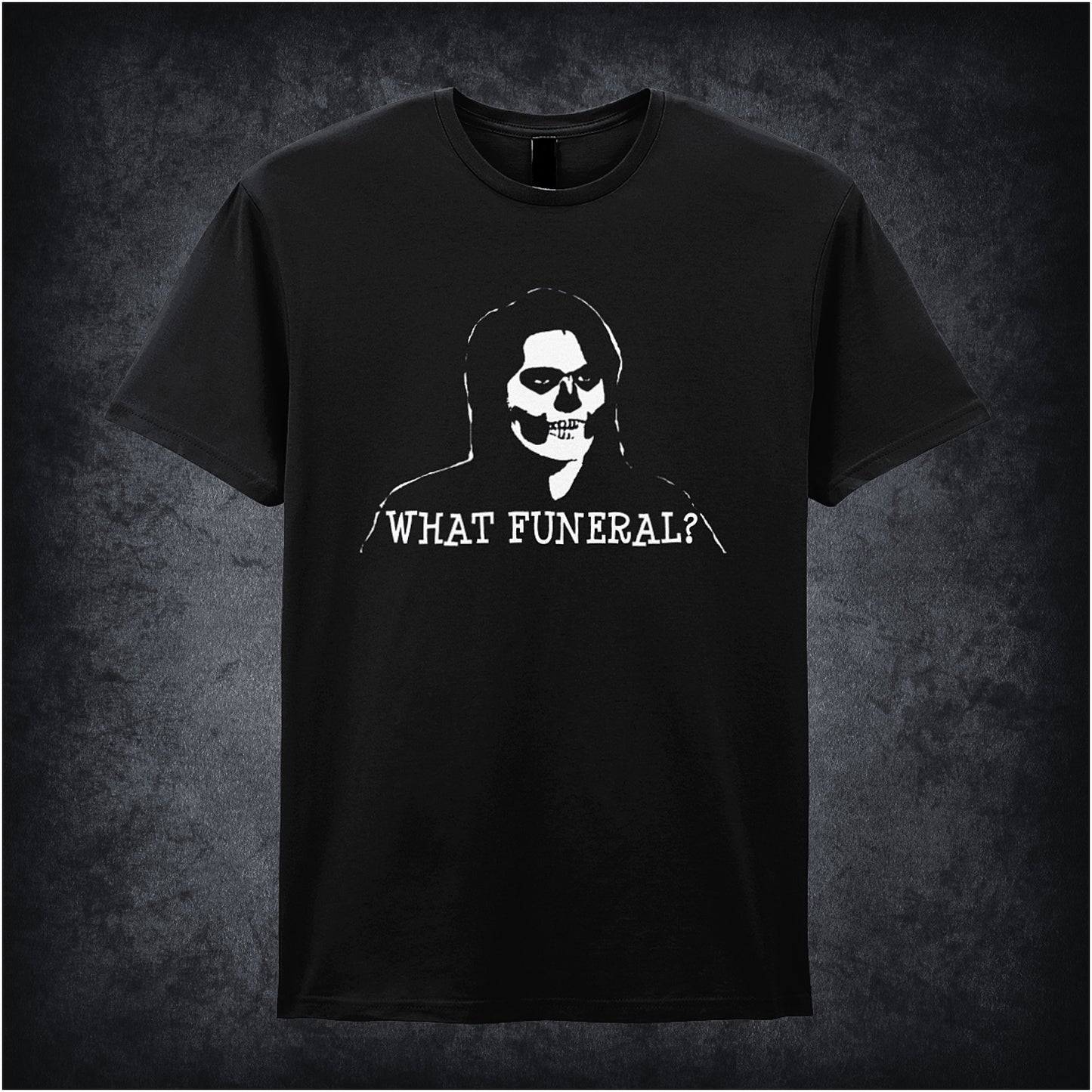 Black unisex T-shirt featuring the phrase “What Funeral?” inspired by The IT Crowd, displayed in bold white text with a clean, modern font.