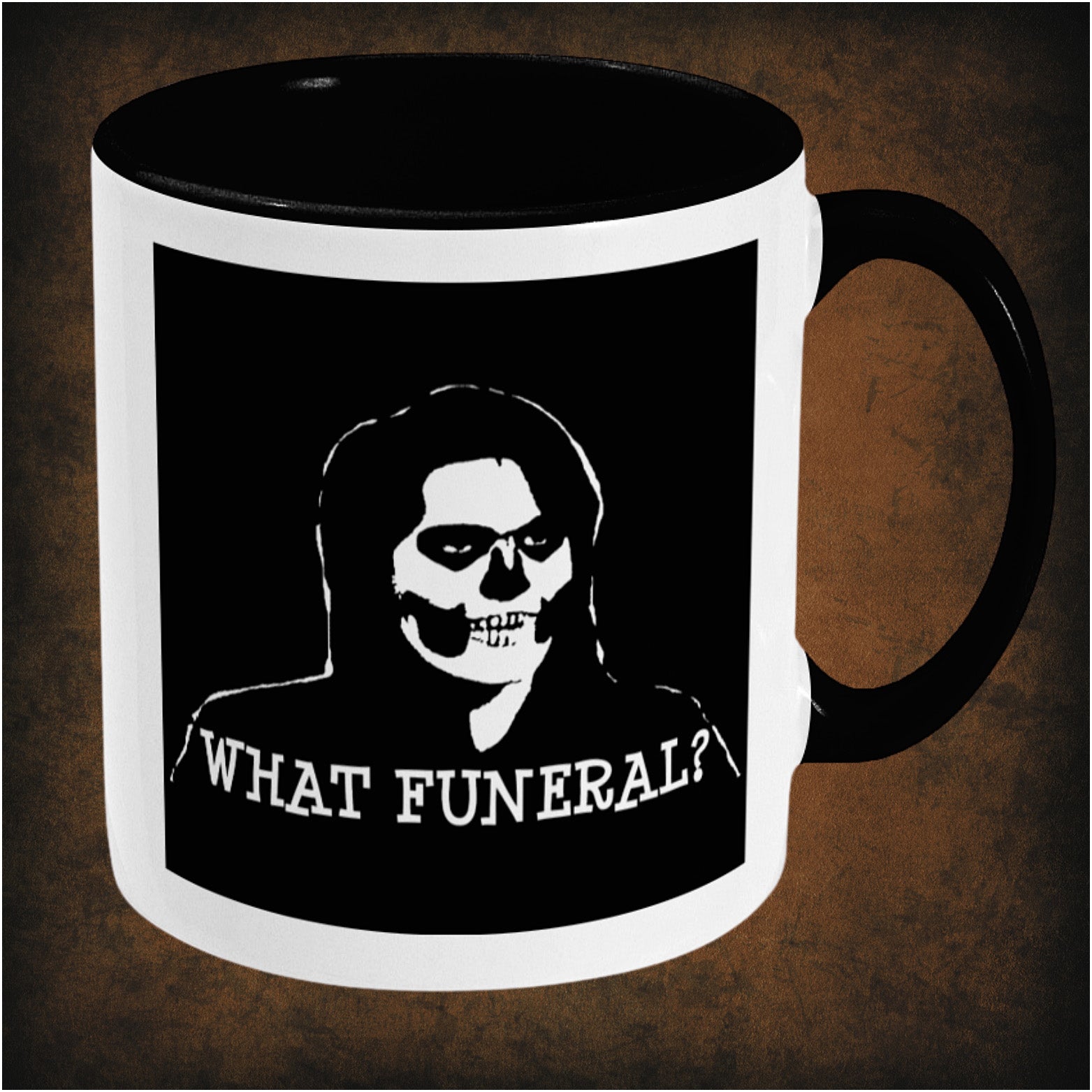 What Funeral?’ two-toned mug inspired by The IT Crowd, right hand side featuring hilarious British comedy quote, minimalist design, and collectible TV show merchandise for fans of classic geek humour.