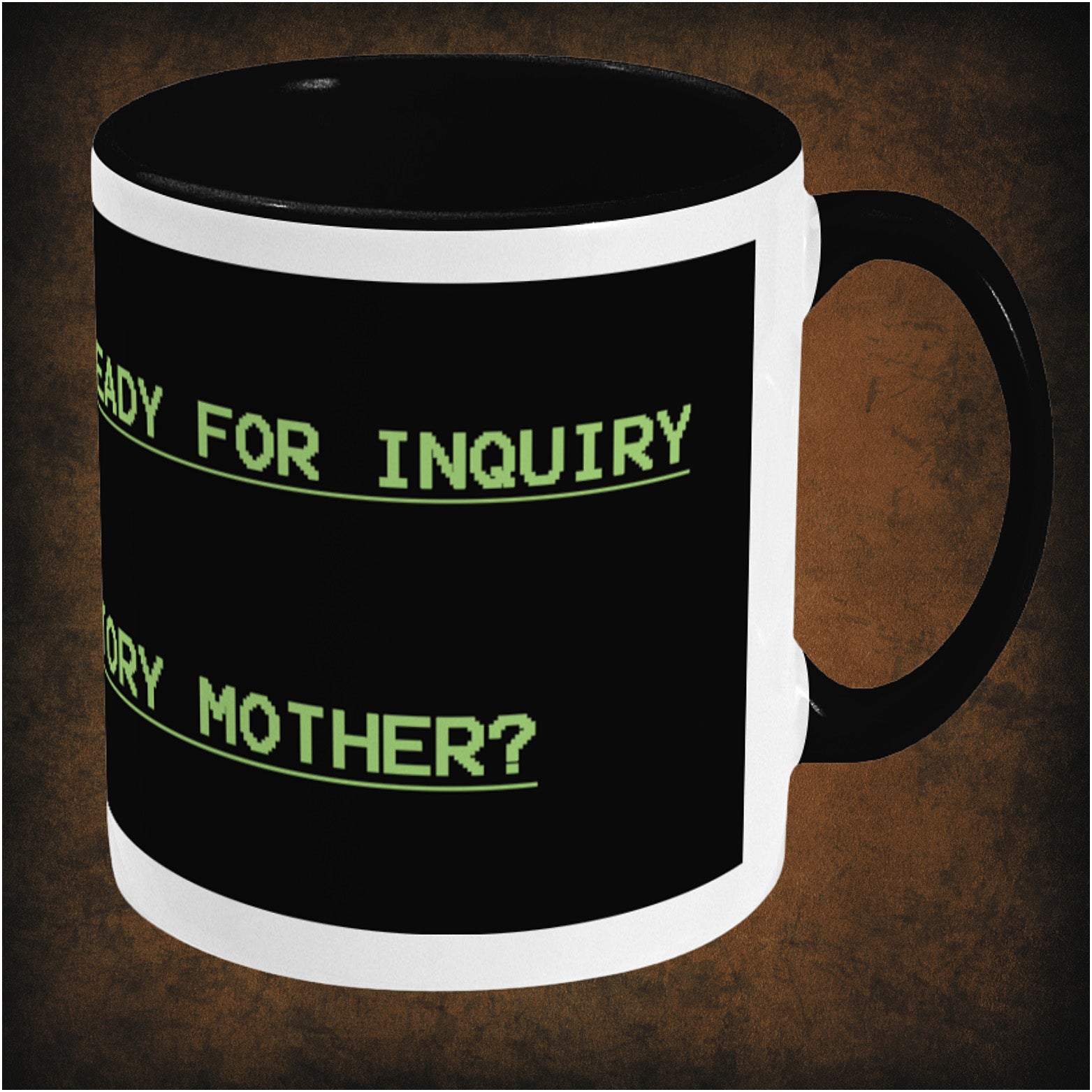 What’s the story, Mother?’ two-toned mug inspired by Alien, right hand side featuring iconic sci-fi movie quote, minimalist black and white design, and collectible film merchandise for fans of the classic 1979 thriller.