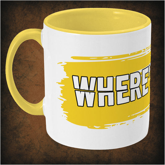 WHERE’S BILL? – Kill Bill inspired two-toned ceramic mug left hand side featuring bold minimalist design, perfect gift for Tarantino fans, movie lovers, and collectors of cult film memorabilia.