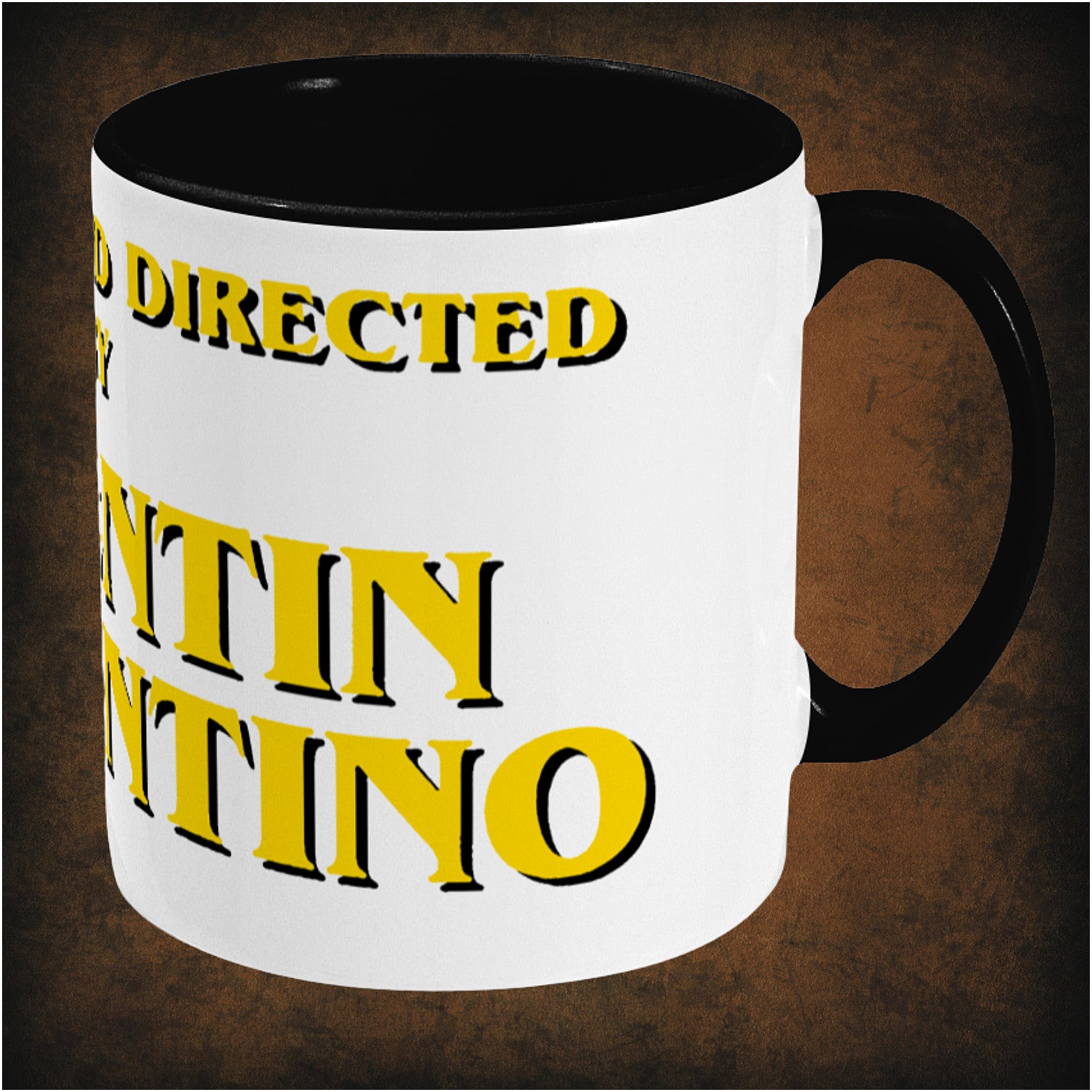 Written and Directed by Quentin Tarantino’ two-toned mug right hand side featuring iconic movie credit design, minimalist black and white style, and collectible film enthusiast merchandise.