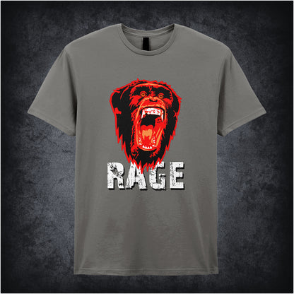 28 Days Later-inspired unisex grey T-shirt featuring the word 'RAGE' with an angry chimpanzee and biohazard symbol in a dark, distressed design.