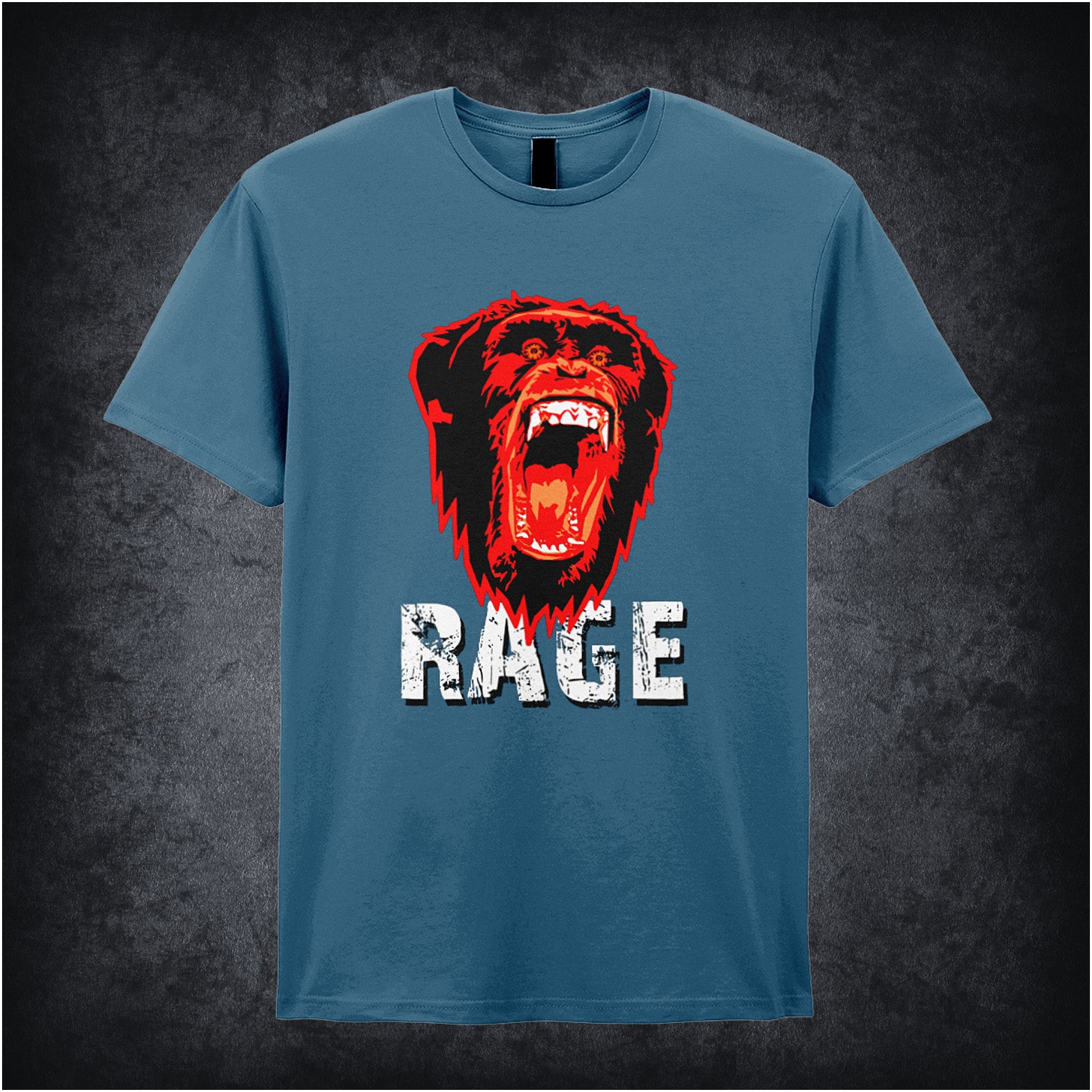 28 Days Later-inspired unisex indigo T-shirt featuring the word 'RAGE' with an angry chimpanzee and biohazard symbol in a dark, distressed design.